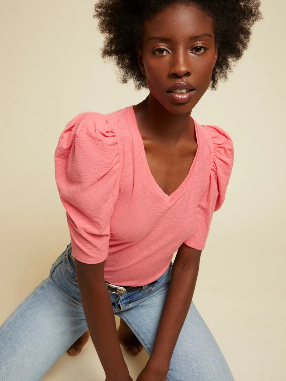 Nation LTD Pink Puff-Sleeve V-Neck Top